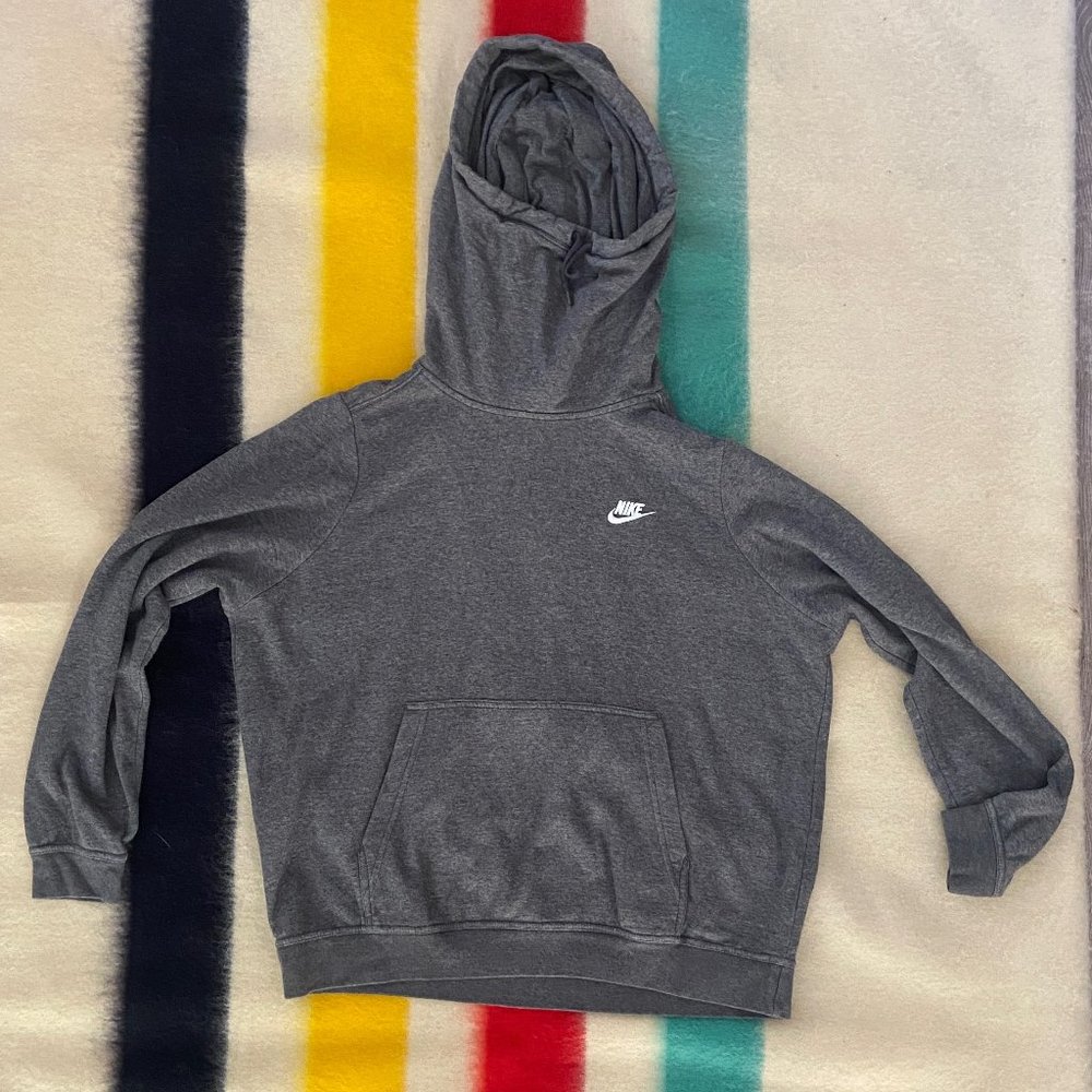 Unisex Nike mock neck hooded sweatshirt, soft, grey, oversized